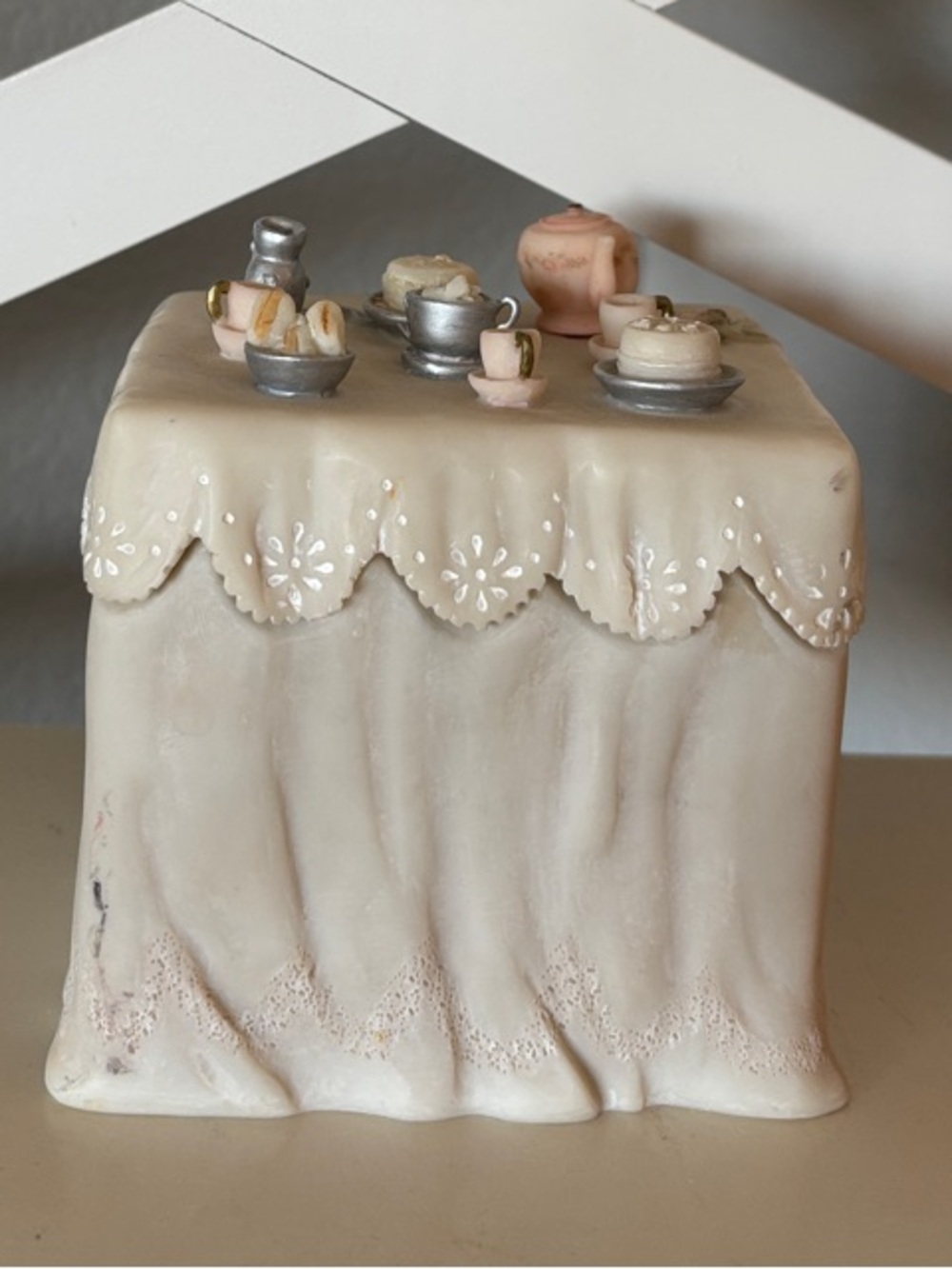 Tea Setting Table with Small Storage. Lace, draped, table, girl decor